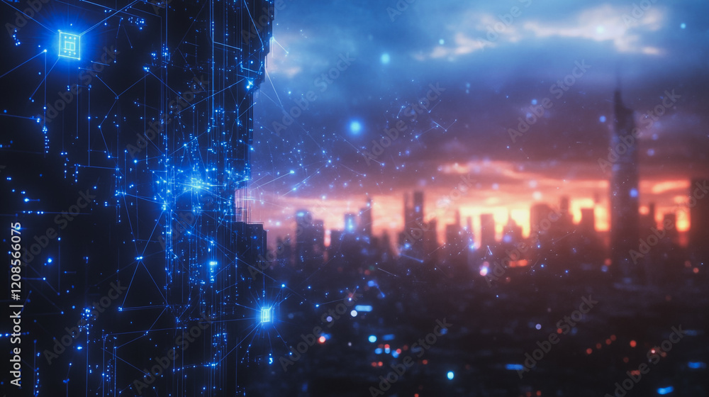 Obraz premium Smart digital Innovation city with connection network reciprocity over the cityscape. of future smart wireless digital city and social media networking systems that connects people with in city