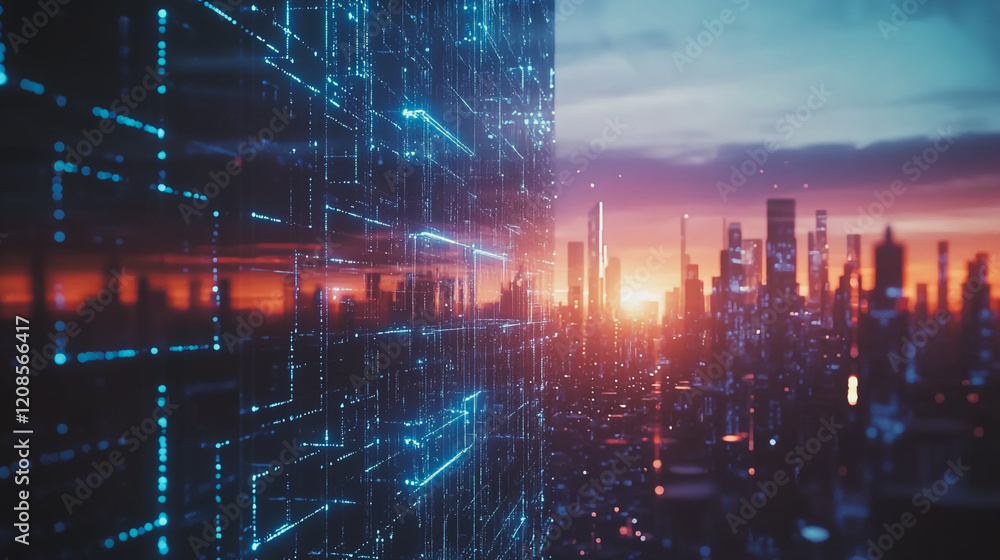 Fototapeta premium Smart digital Innovation city with connection network reciprocity over the cityscape. of future smart wireless digital city and social media networking systems that connects people with in city