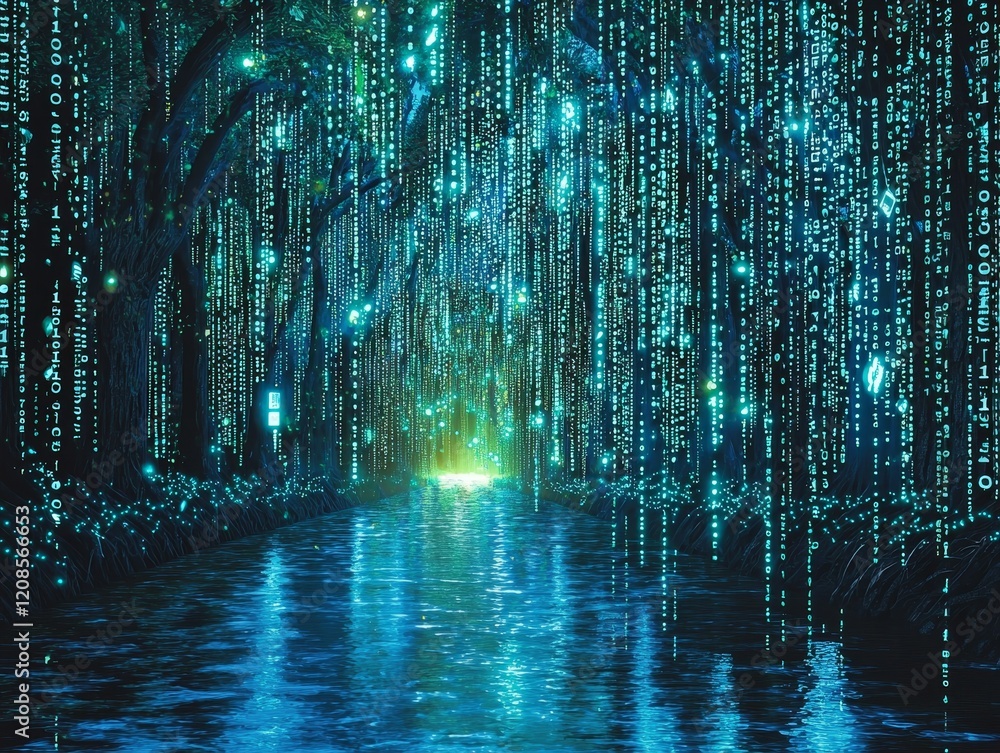 Obraz premium A river of binary code flowing through a dark cyberspace, with sparkling blue and green neon highlights, evoking a sense of digital infinity