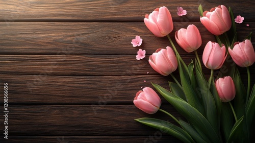 Easter celebration background with pink tulips on wooden texture for spring decor