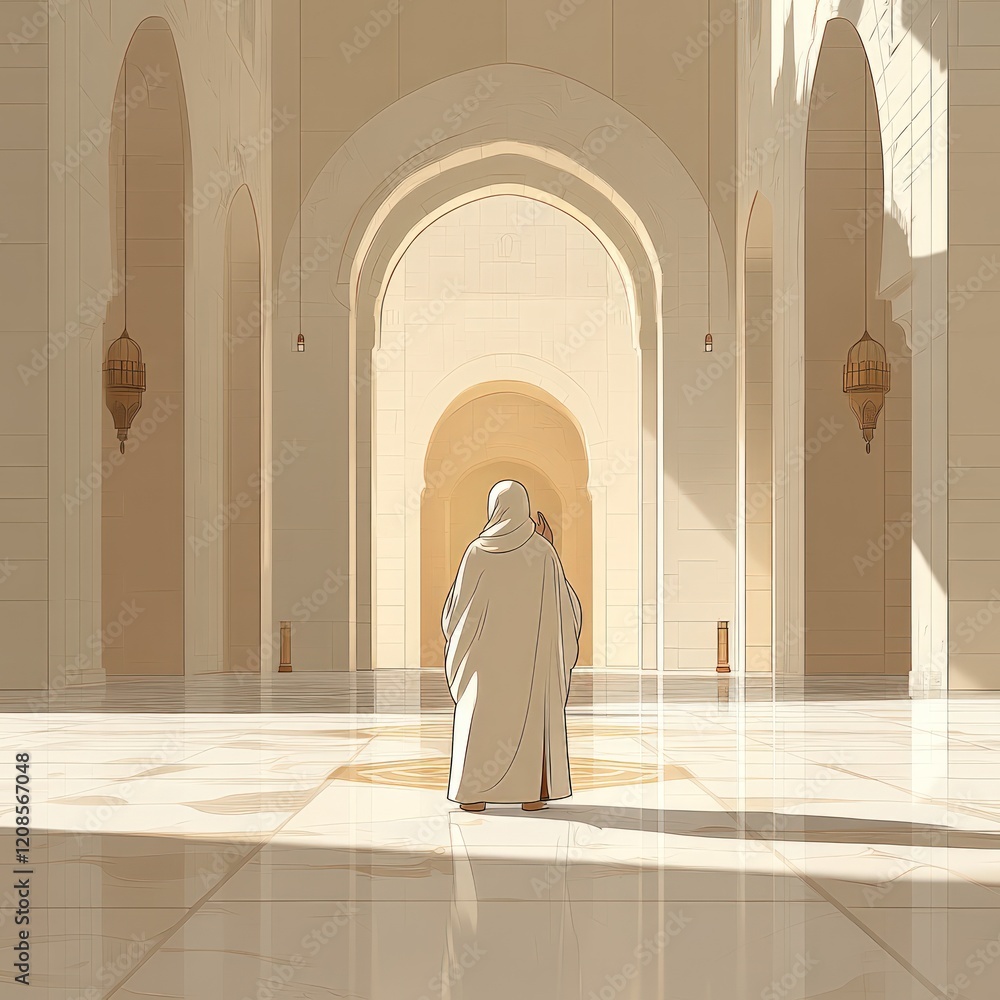 Naklejka premium Person praying in grand, arched hall.