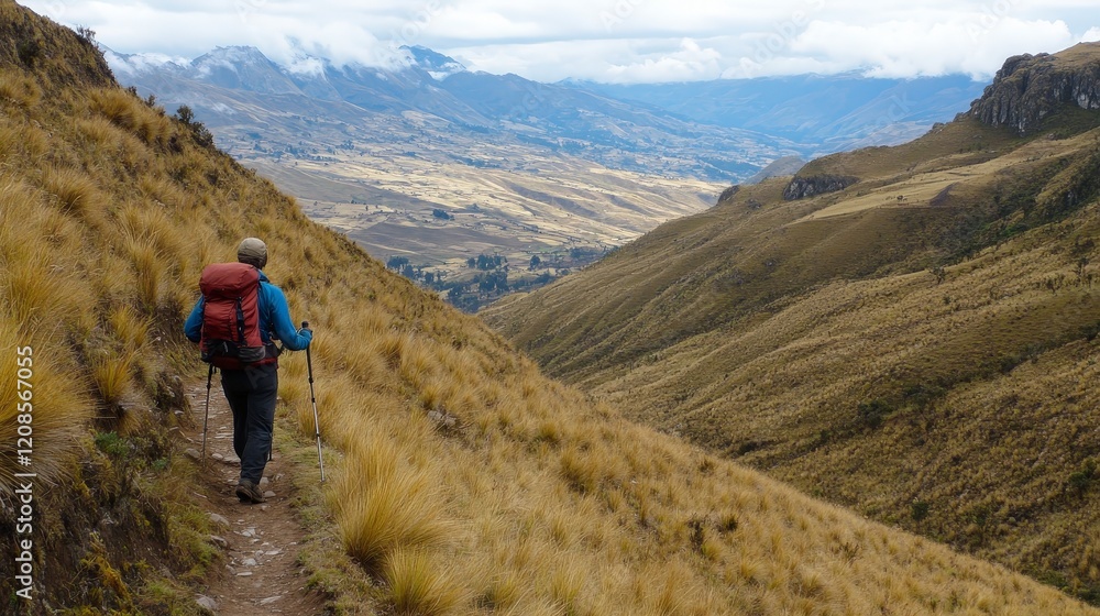Hiker Walking on Trail in Scenic Mountainous Landscape with Valleys Hiker Walking on Trail in Scenic Mountainous Landscape with Valleys