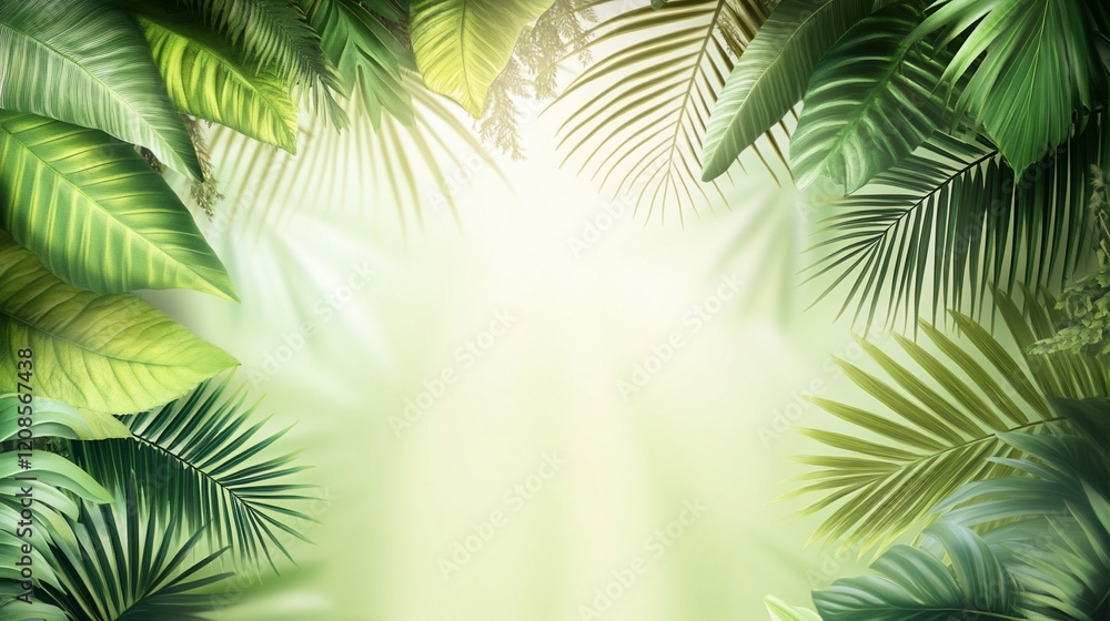 Fototapeta premium Lush tropical foliage frame with bright sunlight.
