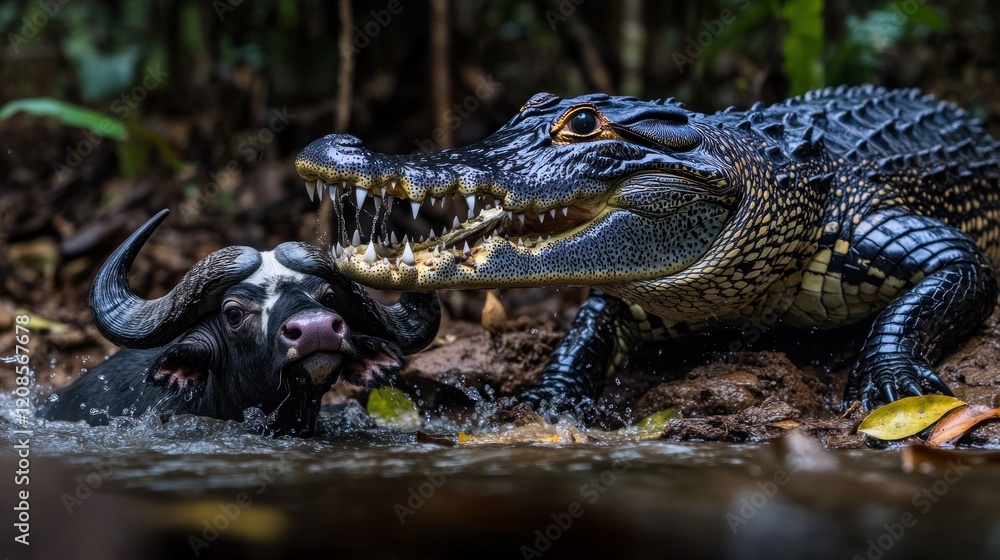 Obraz premium Black caiman attacks a water buffalo in a murky river.