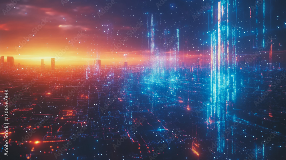 Obraz premium Smart digital Innovation city with connection network reciprocity over the cityscape. of future smart wireless digital city and social media networking systems that connects people with in city