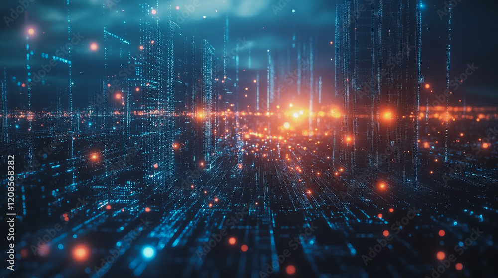 Obraz premium Smart digital Innovation city with connection network reciprocity over the cityscape. of future smart wireless digital city and social media networking systems that connects people with in city