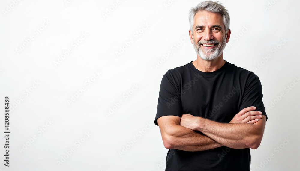 Confident middle-aged man in black t-shirt, exuding warmth and approachability.
Confident middle-aged man in black t-shirt, exuding warmth and approachability.
