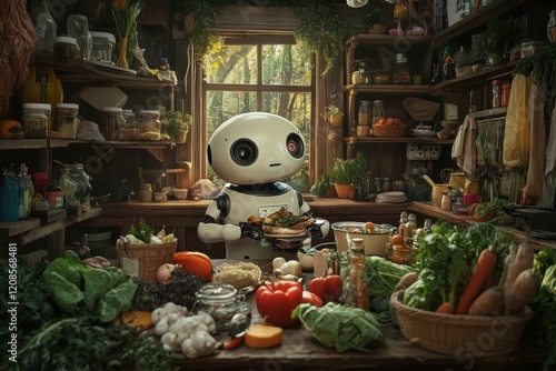 Robot chef preparing a meal in the kitchen, envisioning a future where more tasks are handled by robots rather than humans, Stock. photo