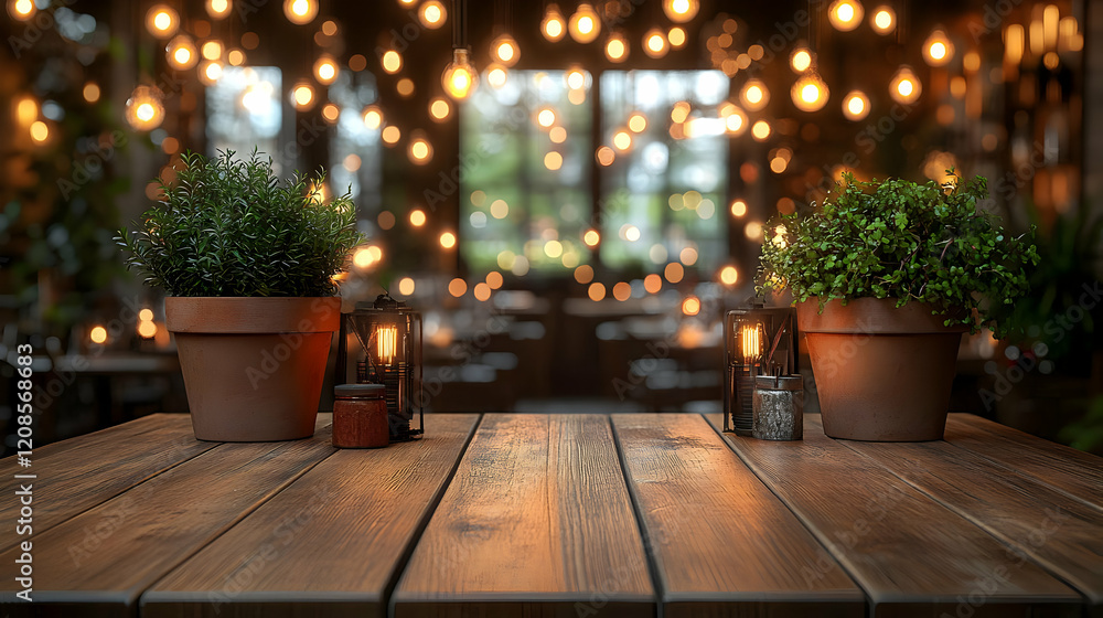 Rustic Wooden Table with Potted Plants and Warm Fairy Lights in Cozy Restaurant Setting Rustic Wooden Table with Potted Plants and Warm Fairy Lights in Cozy Restaurant Setting