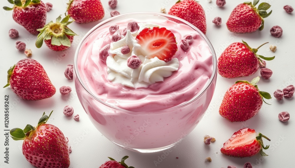 Delicious Fresh Fruit Yogurt Splash With Juicy Strawberries: Ideal Healthy Breakfast Meal Or Advertisement Featuring Yogurt, Cream, Milk, And Strawberries. Delicious Fresh Fruit Yogurt Splash With Juicy Strawberries: Ideal Healthy Breakfast Meal Or Advertisement Featuring Yogurt, Cream, Milk, And Strawberries.