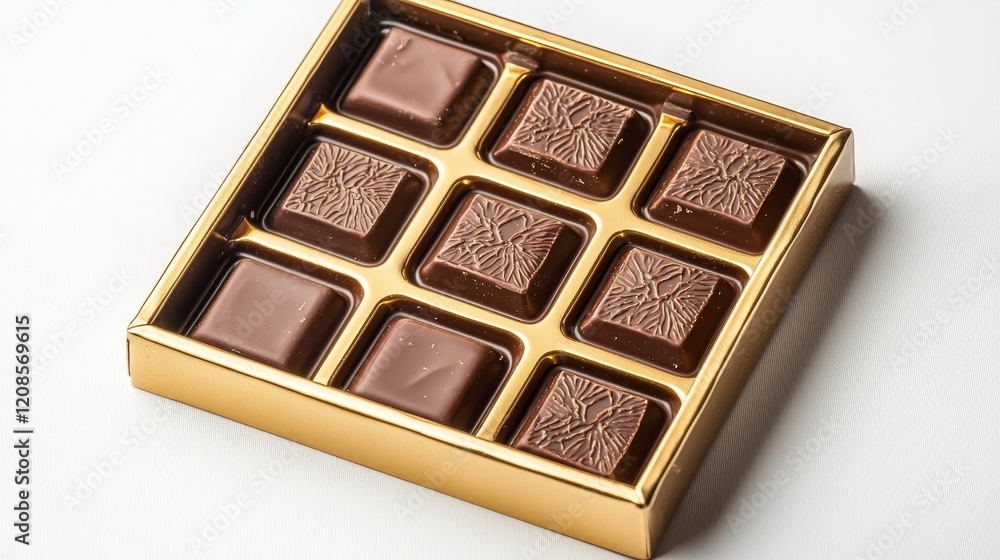 Minimalist gold foil square chocolate box with embossed patterns, captured on a clean white background for a premium look Minimalist gold foil square chocolate box with embossed patterns, captured on a clean white background for a premium look