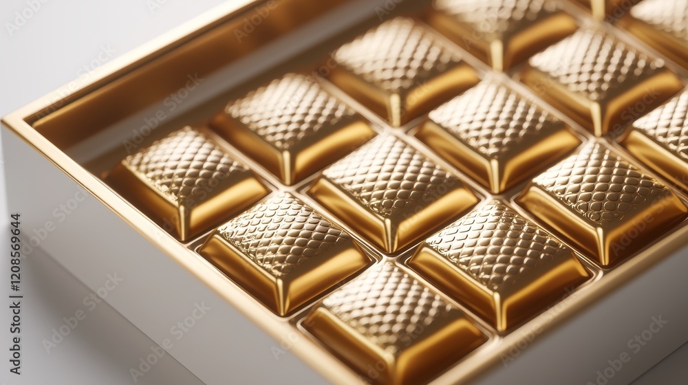Minimalist gold foil square chocolate box with embossed patterns, captured on a clean white background for a premium look Minimalist gold foil square chocolate box with embossed patterns, captured on a clean white background for a premium look