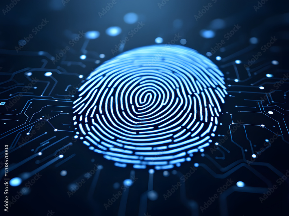 Futuristic fingerprint scanner with glowing neon lights on digital circuit Futuristic fingerprint scanner with glowing neon lights on digital circuit