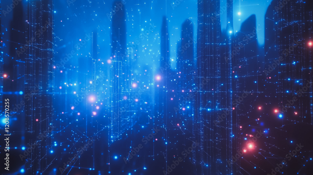 Obraz premium Smart digital Innovation city with connection network reciprocity over the cityscape. of future smart wireless digital city and social media networking systems that connects people with in city
