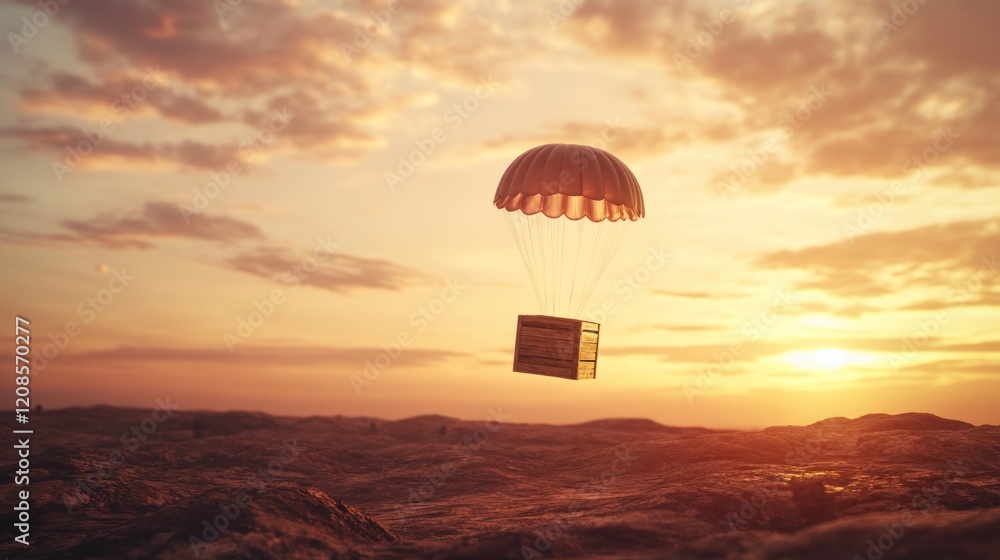 A parachute carrying a crate descends over a vast landscape at sunset. A parachute carrying a crate descends over a vast landscape at sunset.