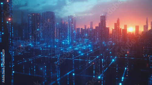 Wallpaper Mural Smart digital Innovation city with connection network reciprocity over the cityscape. of future smart wireless digital city and social media networking systems that connects people with in city Torontodigital.ca