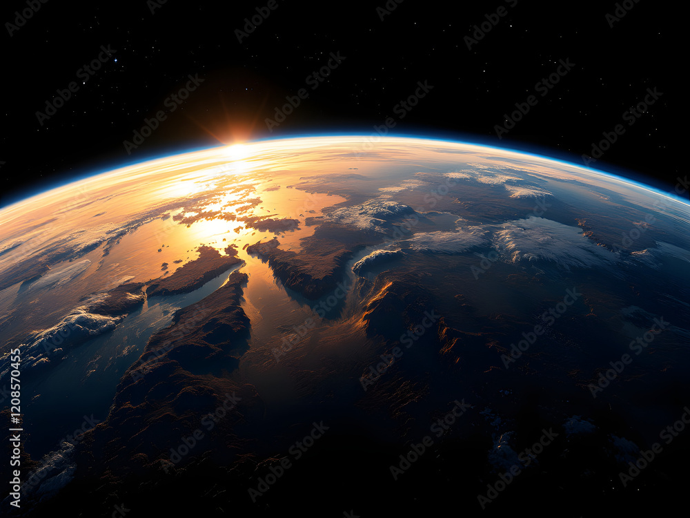 Obraz premium Sunrise over Earth's horizon from space.