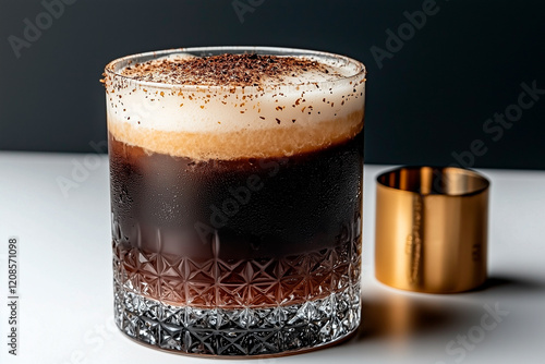 Layered Coffee Drink in Crystal Rocks Glass with Cocoa Topping