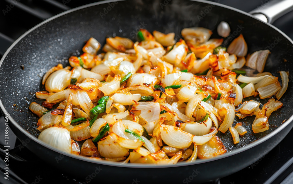 Caramelized onions and garlic sizzling in pan with herbs, releasing rich aroma Caramelized onions and garlic sizzling in pan with herbs, releasing rich aroma