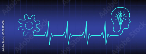 Blue monitor heart rhythm illustration with lightbulb, head, gear, heartbeat line vector to use for healthcare, business idea, healthy lifestyle, medicine, ekg concept illustration projects. 