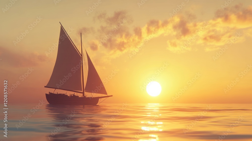 Fototapeta premium A serene sunset with a sailboat gliding across calm waters.