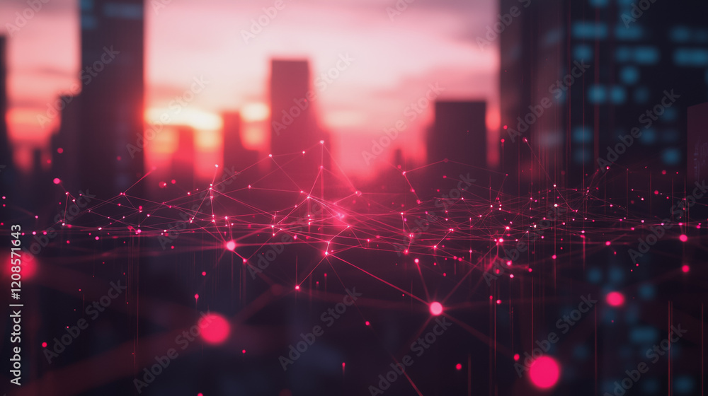 Obraz premium Smart digital Innovation city with connection network reciprocity over the cityscape. of future smart wireless digital city and social media networking systems that connects people with in city
