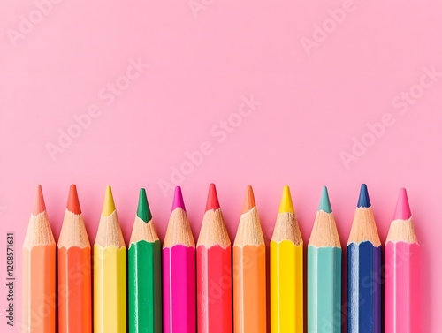 Twelve Colored Pencils on Pink Background