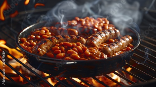 Grilled Sausages and Baked Beans Over Open Flame
