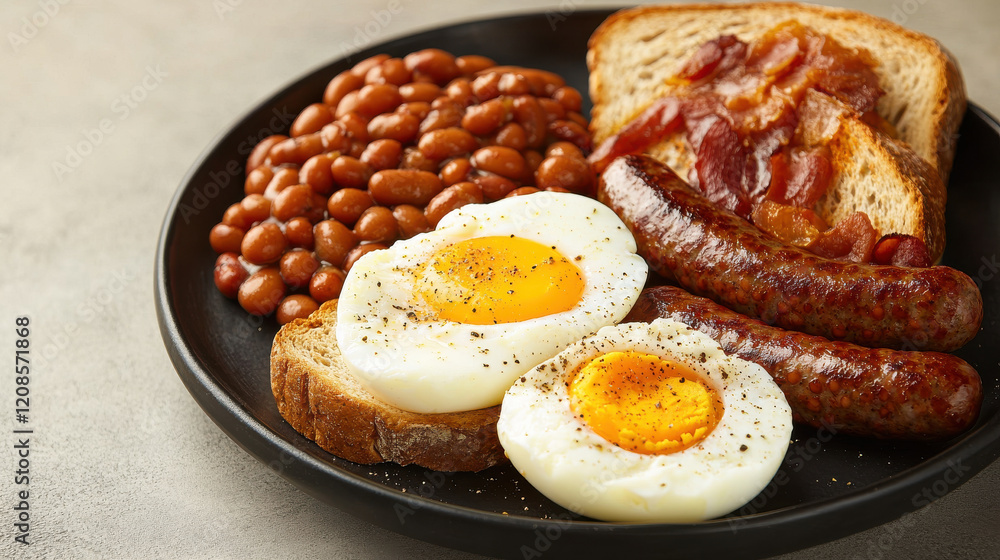 hearty English breakfast with eggs, sausages, baked beans, bacon, and toast on black plate hearty English breakfast with eggs, sausages, baked beans, bacon, and toast on black plate