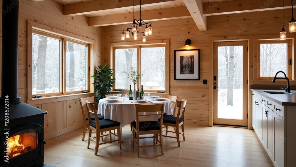 Fototapeta premium Cozy Cabin Dining Room Winter Scene