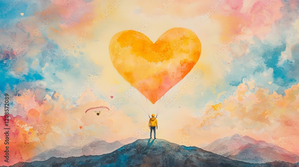 Fototapeta premium Valentine's Day ambiance, a yellow-jacketed figure framed by heart-shaped clouds over a scenic mountain, paraglider in the sky, watercolor, soft pastel palette