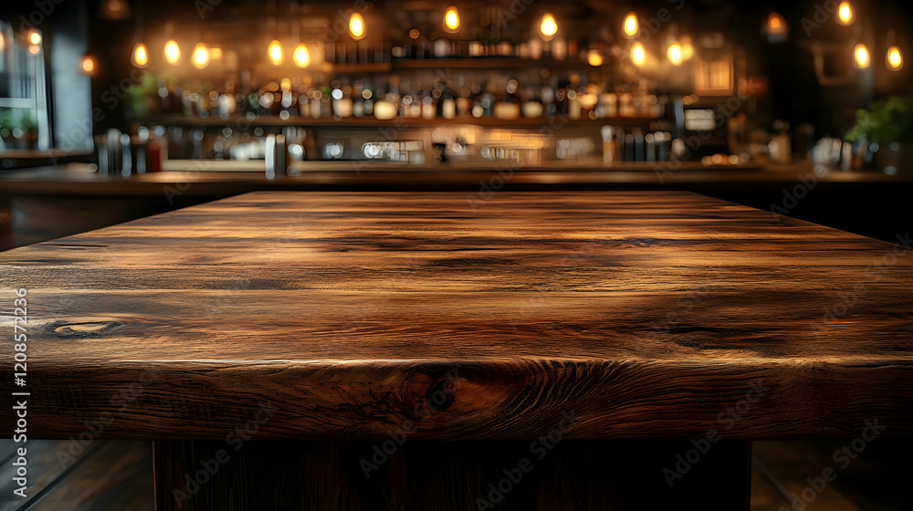 Rustic Wooden Tabletop in a Dimly Lit Bar Setting Rustic Wooden Tabletop in a Dimly Lit Bar Setting