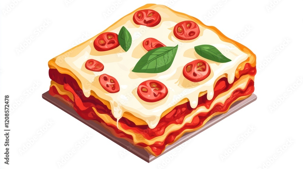 A delicious lasagna with layers of cheese, tomato, and basil, ready to be served. A delicious lasagna with layers of cheese, tomato, and basil, ready to be served.