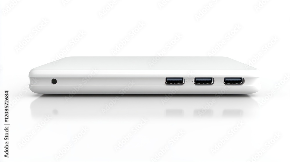 A sleek, white laptop showcasing three USB ports on one side. A sleek, white laptop showcasing three USB ports on one side.
