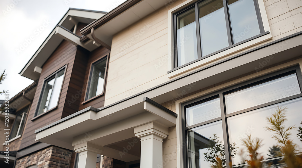 Modern House Exterior: Contemporary Home Design and Architecture. Luxury Real Estate, New Construction, Brick and Wood Facade Modern House Exterior: Contemporary Home Design and Architecture. Luxury Real Estate, New Construction, Brick and Wood Facade