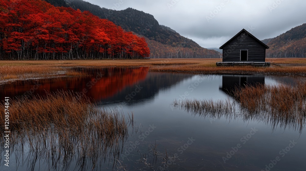 Fototapeta premium Autumn lake, wooden hut, red trees, mountain reflection, serene landscape; nature scene