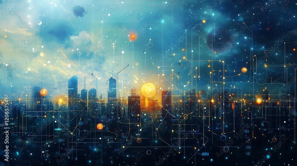 Fototapeta premium A galactic cityscape floating in the cosmos, surrounded by glowing energy fields and orbiting moons.