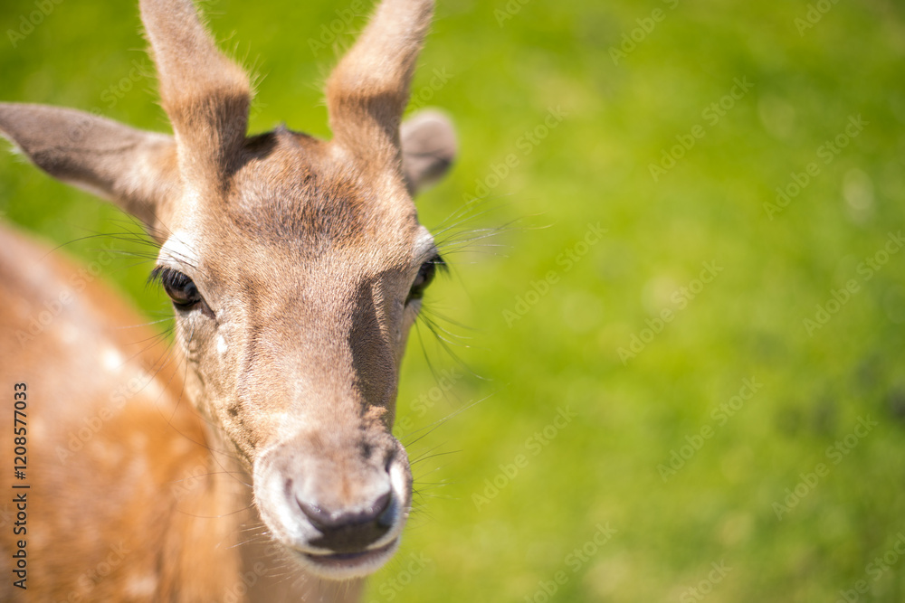 young shy fallow deer playing in the green meadow young shy fallow deer playing in the green meadow