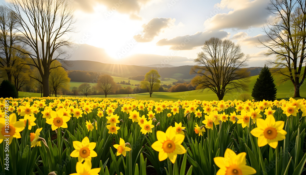 Fototapeta premium Daffodils blooming in a scenic green field at sunset
