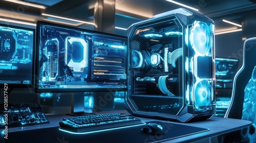 Futuristic Gaming Setup: High-Tech PC Tower with Neon Lights photo