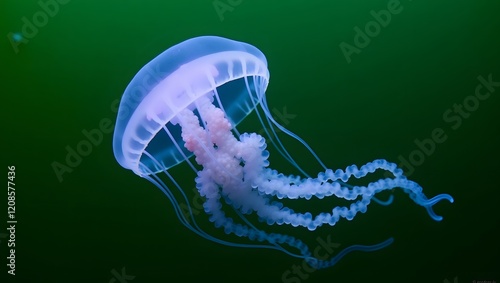 Ethereal jellyfish, floating serenely in dark green, symbolizes underwater peace and mystery, ideal for nature documentaries and ocean-themed visuals photo