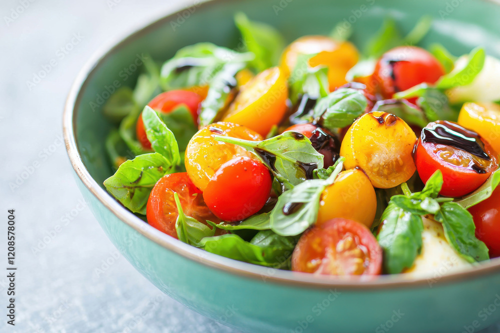 Fresh Caprese salad with cherry tomatoes, basil, mozzarella, and balsamic glaze in green bowl Fresh Caprese salad with cherry tomatoes, basil, mozzarella, and balsamic glaze in green bowl