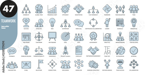 Teamwork, business, company, startup thin line icons with light blue fill. Team building, human resources, cooperation, team work, task delegation, workflow, target. Outline icons, vector illustration