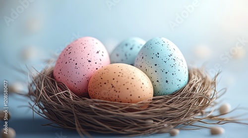 Pastel colored easter eggs in nest: spring holiday decoration idea