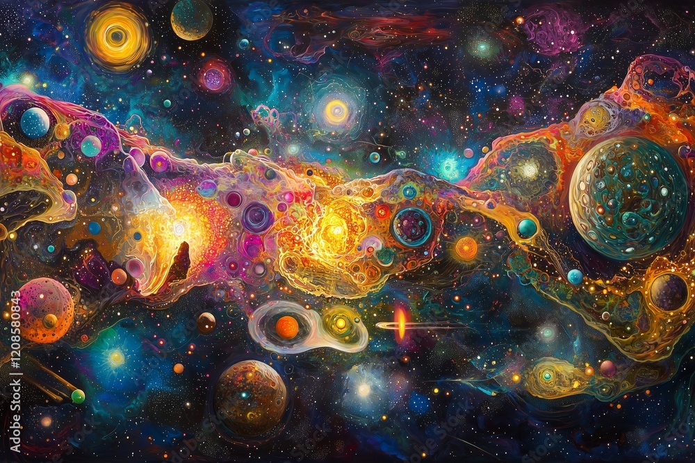 An ultra-detailed cosmic panorama showing an intricate dance planets, moons, and glowing nebulae. An ultra-detailed cosmic panorama showing an intricate dance planets, moons, and glowing nebulae.