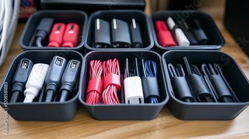 USB cords sorted into individual compartments within an organizer for easy access and neat storage photo