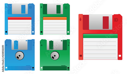 Set Illustration of Retro Floppy Disk Icons in Various Colors isolated