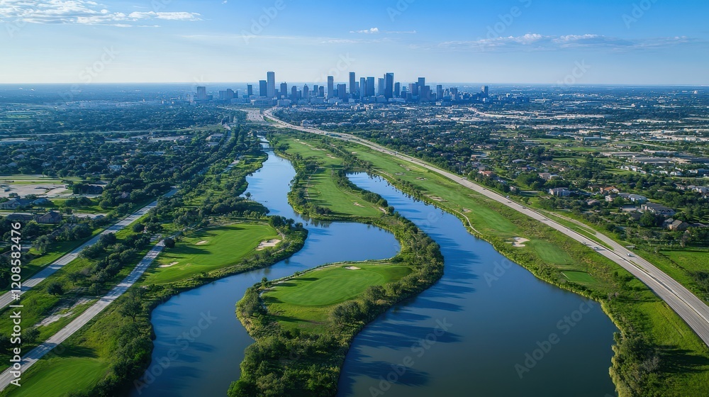 Fototapeta premium Aerial view of houston city skyline with green park and river
