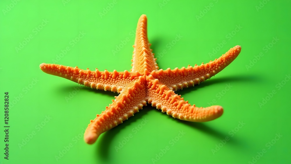 Detailed orange starfish with bumpy skin against vibrant green, sea life's unique beauty, suitable for marine biology education, nature documentaries or coastal tourism media