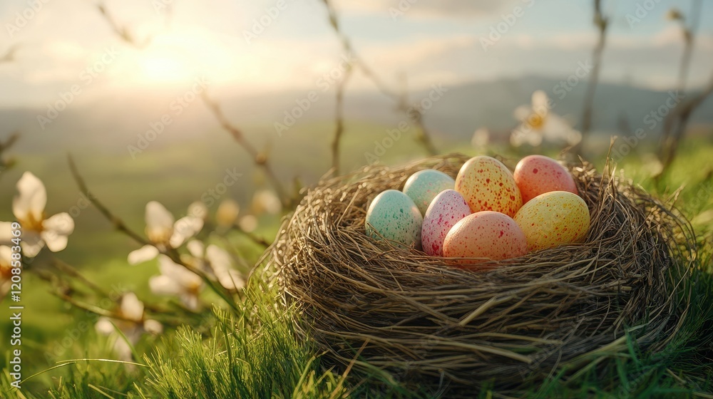 Vibrant easter eggs in straw nest at sunrise – perfect for holiday decor and cards Vibrant easter eggs in straw nest at sunrise – perfect for holiday decor and cards
